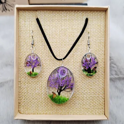Parure bijoux fleurs séchées violettes – collier + boucles – style bohème naturel –tendance